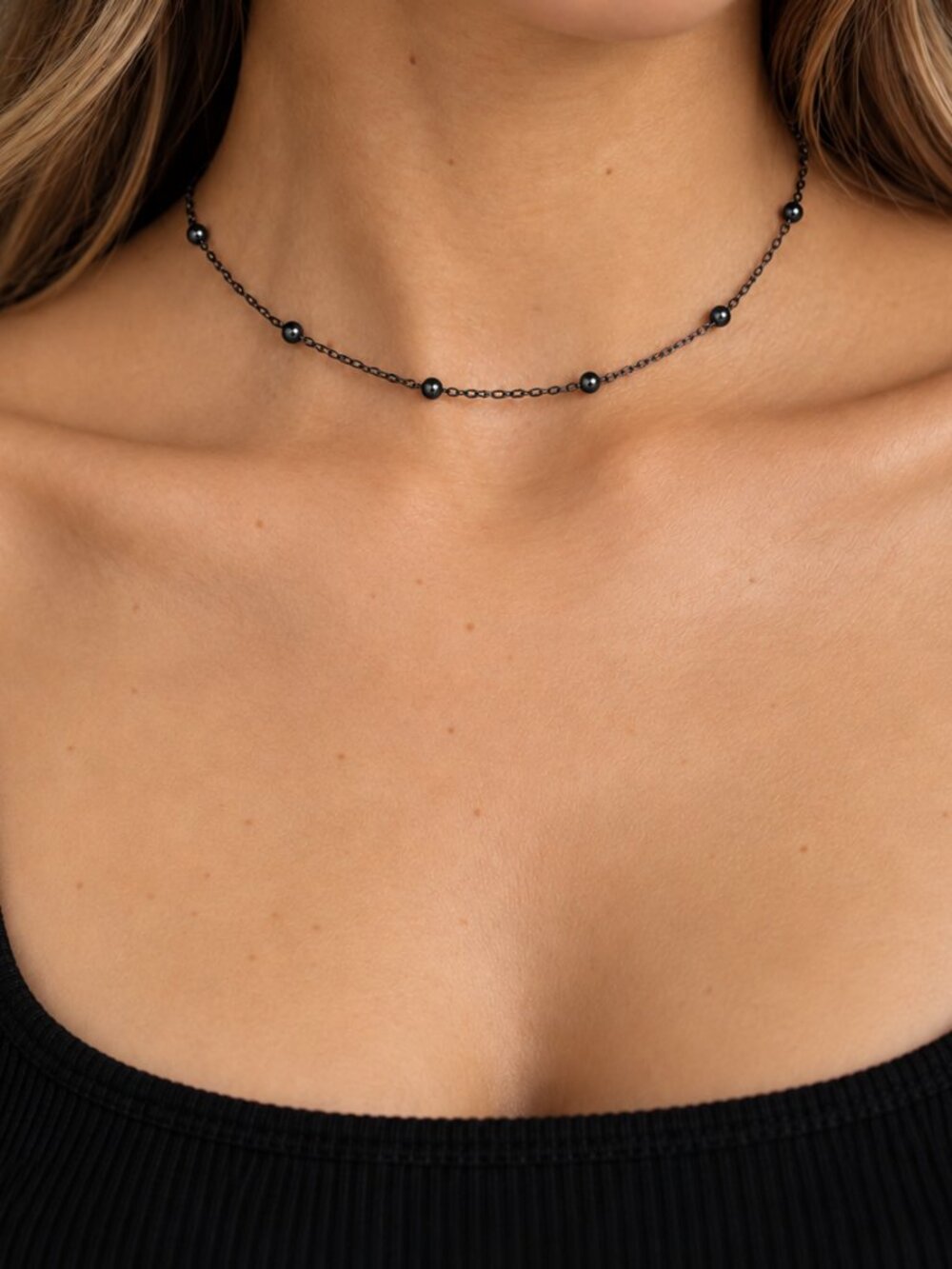 Black Satellite Necklace | Stainless Steel Beaded Chain